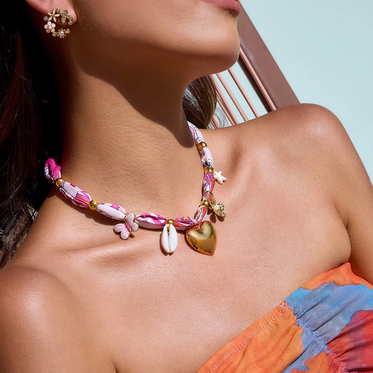 Pink Bloom Heart Charm Necklace